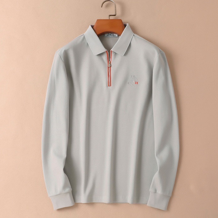 エルメスメンズグレーポロ長袖Tシャツe350