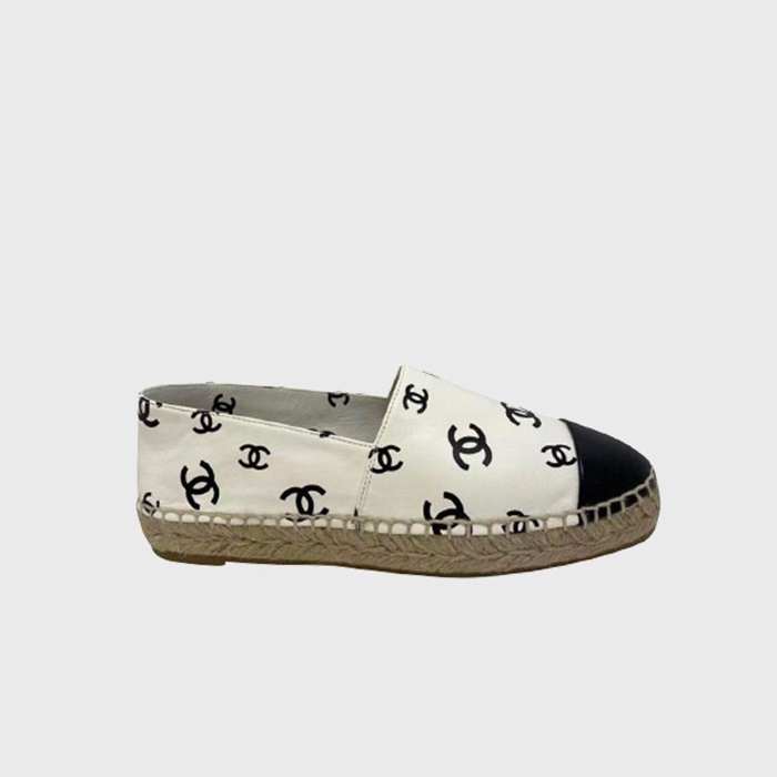 シャネルレディースエスパドリーユプリンテッドラムスキンブラックホワイト-h548