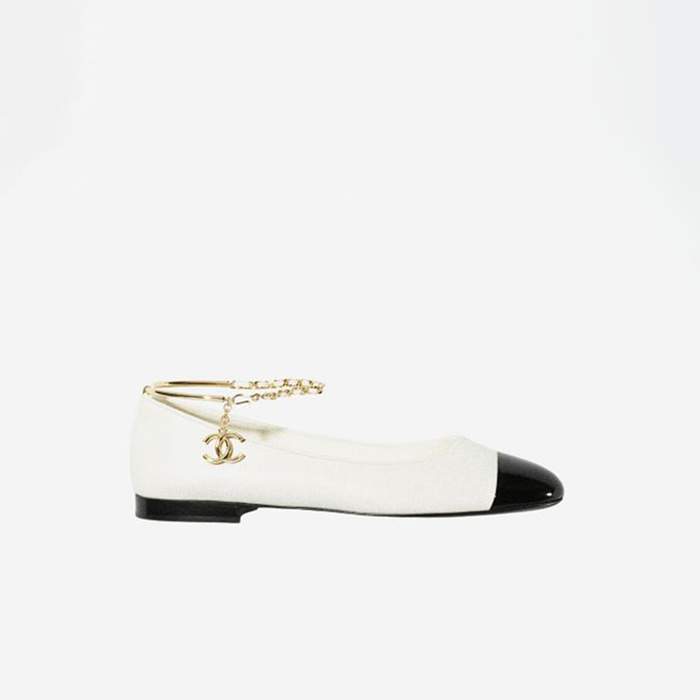 シャネルレディースツートンチェーンバレリーナレザーレディースフラットホワイトブラックh564