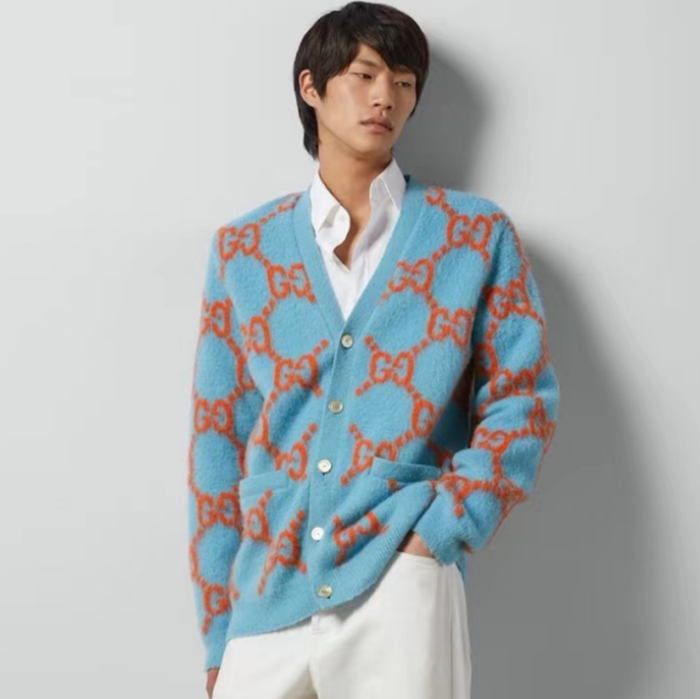 グッチメンズブルーネックカーディガンc95