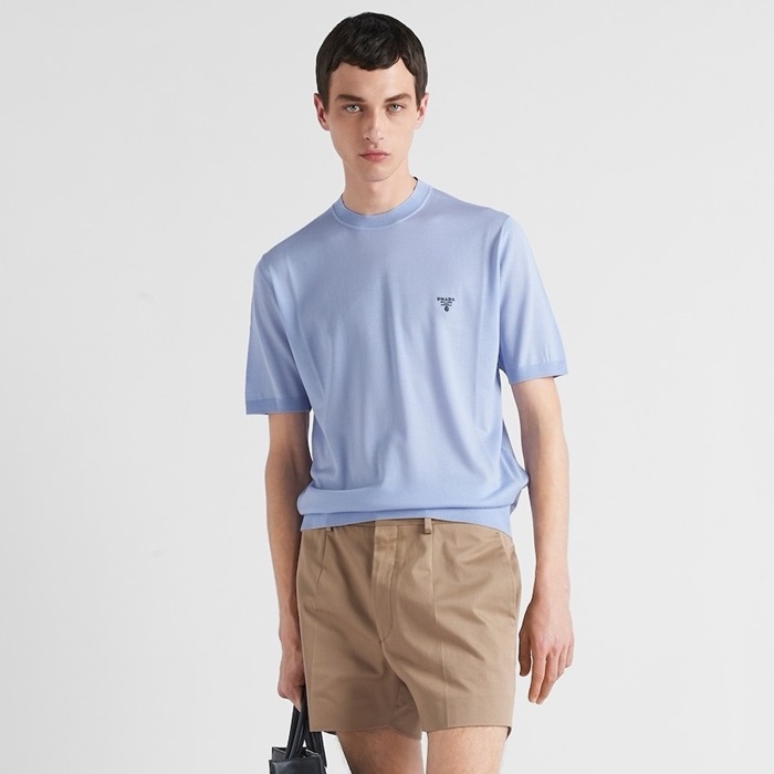 プラダメンズクルーネックブルー半袖Tシャツc320