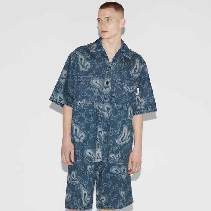 グッチメンズブルー半袖シャツc360