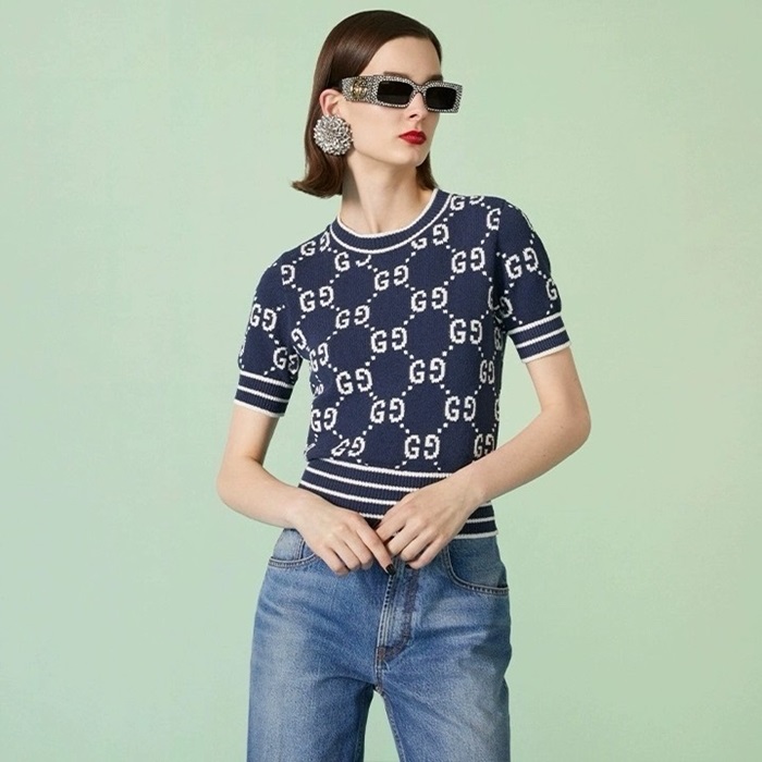 グッチレディースブルー半袖ニットc389