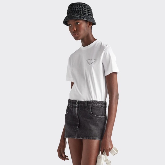 プラダレディースホワイトクルーネック半袖Tシャツc412