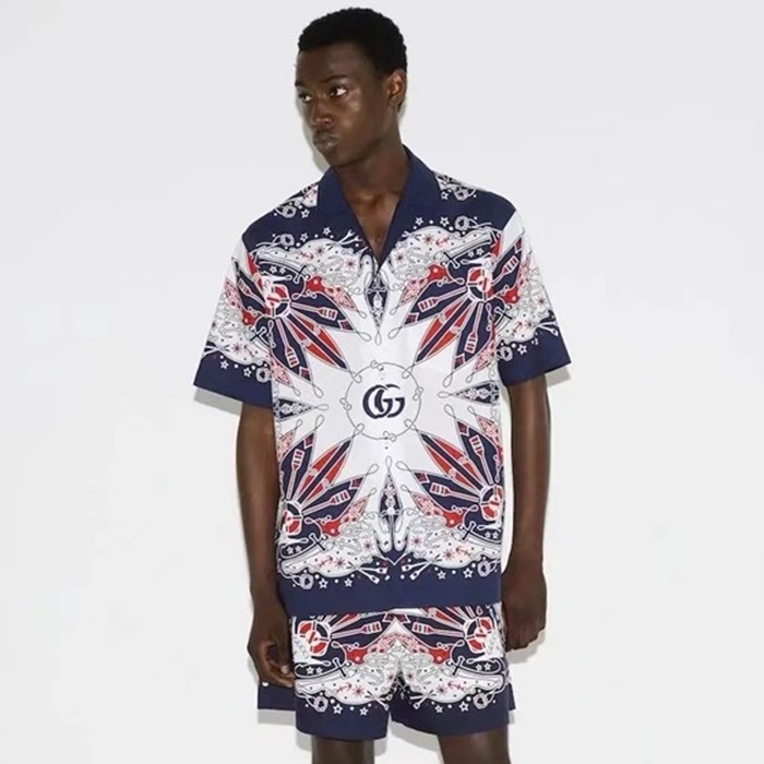 グッチメンズブルー半袖シャツc370