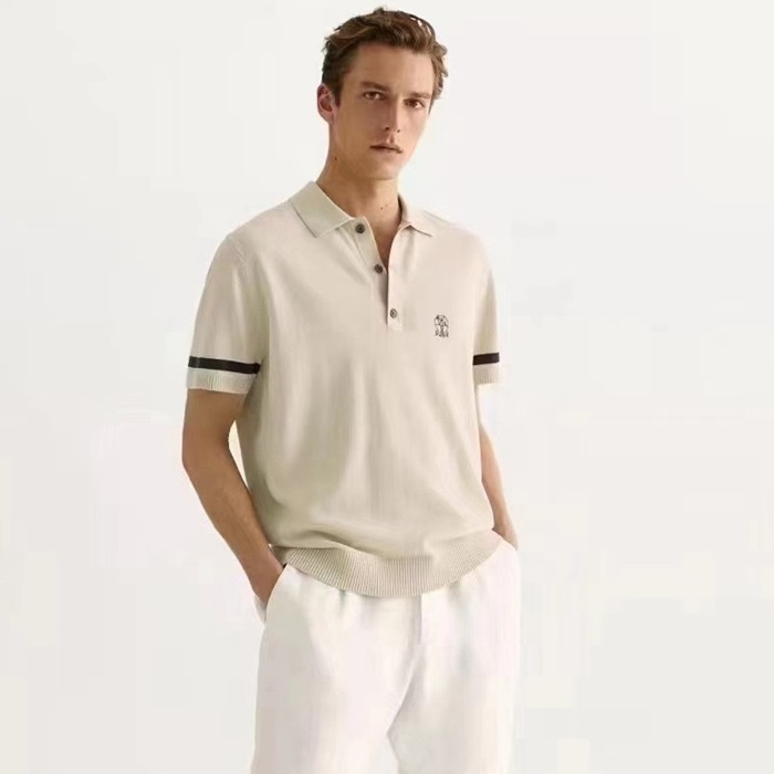ブルネロクチネリメンズベージュポロ半袖Tシャツc896