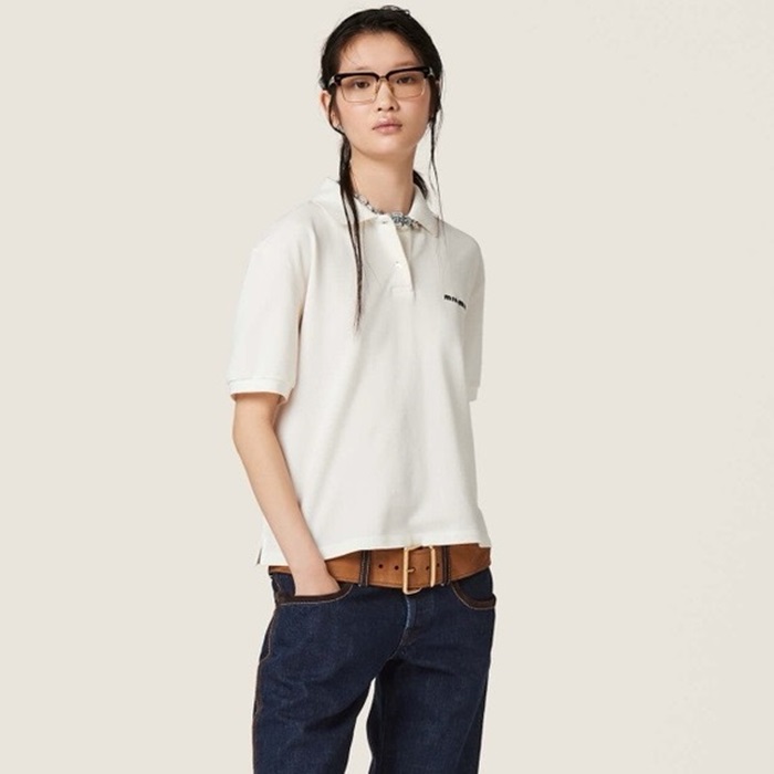 ミュウミュウレディースホワイト半袖ポロシャツc975