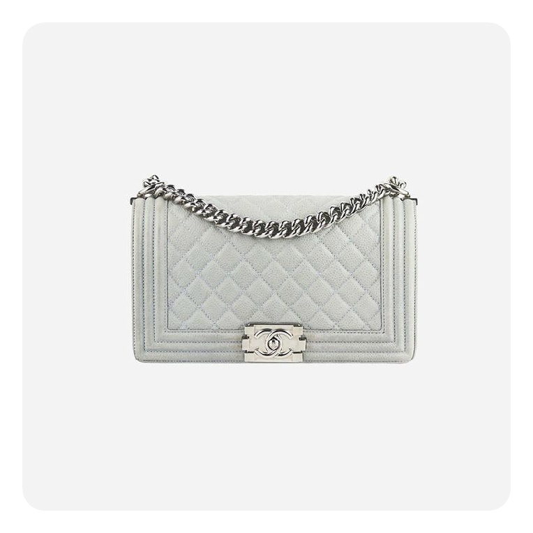 シャネルボーイバッグミディアムカーフィアグレーゴールドh2675