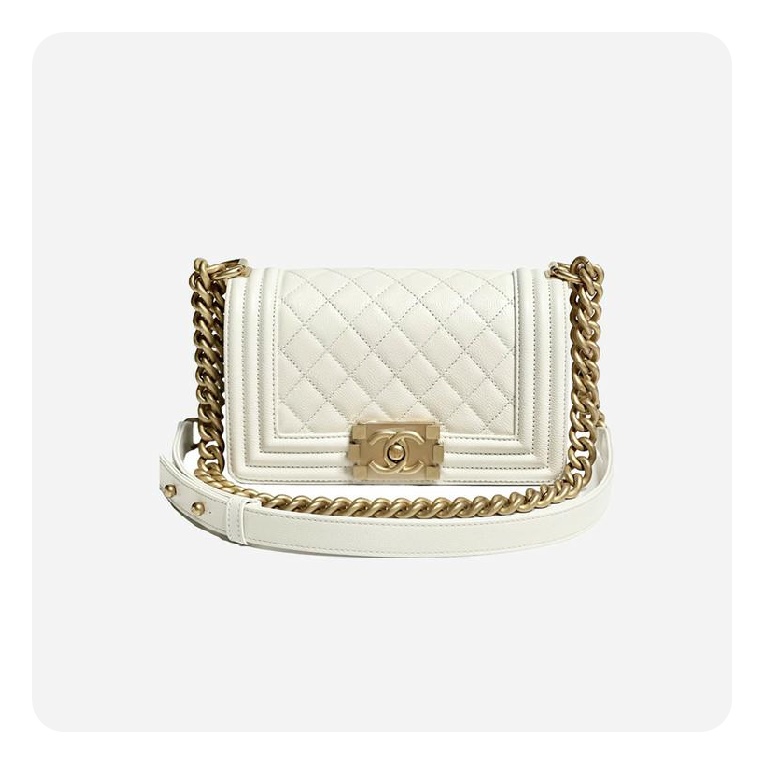 シャネルボーイバッグスモールカーフィアホワイトゴールドh2676