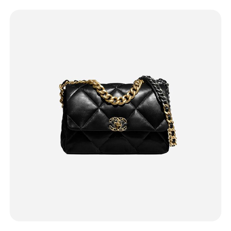シャネル19フリップバッグラムスキンラージブラックゴールドe19h2686