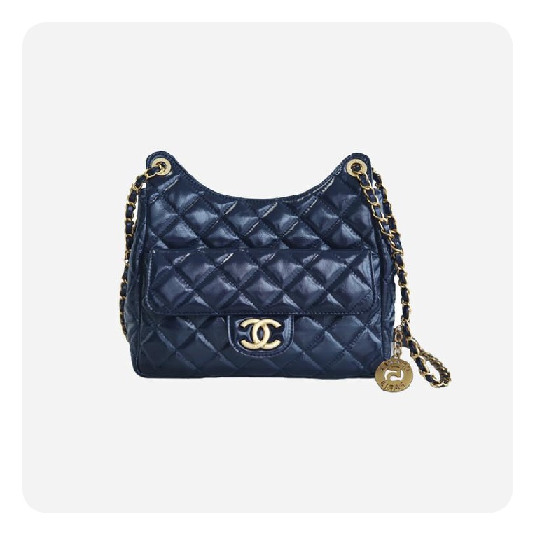 シャネル23ホーボーハンドバッグミディアムネイビーゴールド23h2735
