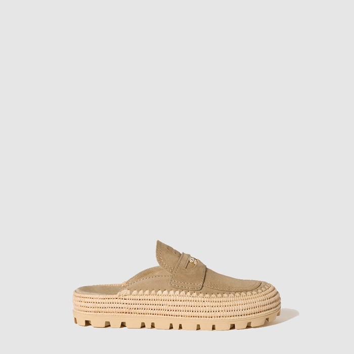 ミュウミュウレディーススエードラフィアプラットフォームミュールs7003