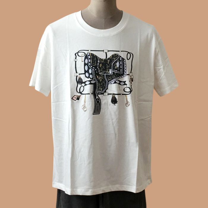  エルメス メンズ ホワイト クルーネック 半袖Tシャツ - White  - her0750x