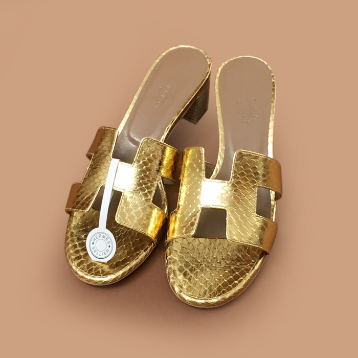  エルメスレディース オアシスレザーミドルヒール スリッパ HERS0094,イエローゴールド