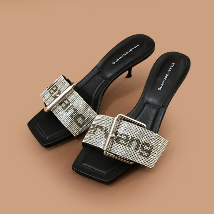  アレキサンダーマックイーンレディースレザーハイヒール スリッパALWS0042,ブラック