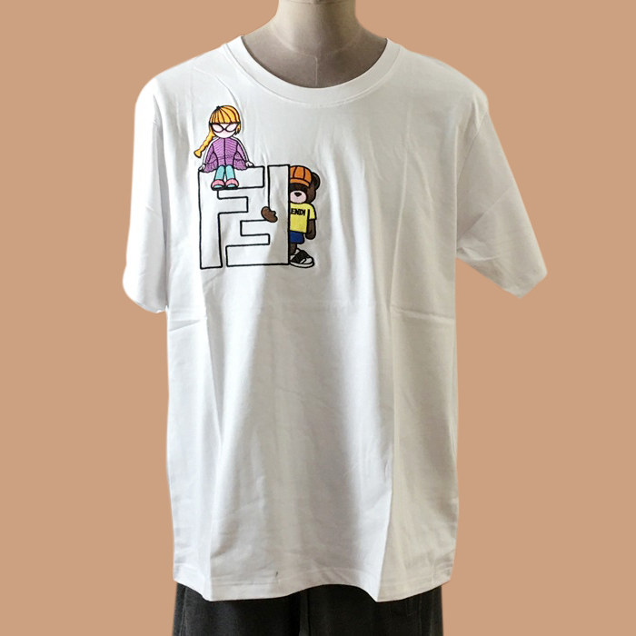  フェンディ ユニセックス クルーネック ホワイト 半袖Tシャツ -White  - fen01186x