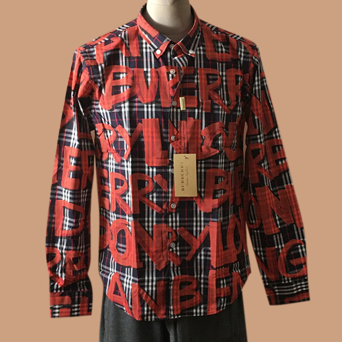 バーバリー メンズ LOGO ブラウン シャツ -レッド