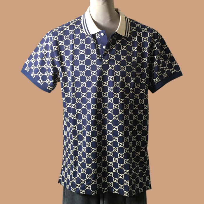 グッチ メンズ クルーネック ネイビー LOGO  ポロ半袖Tシャツ -