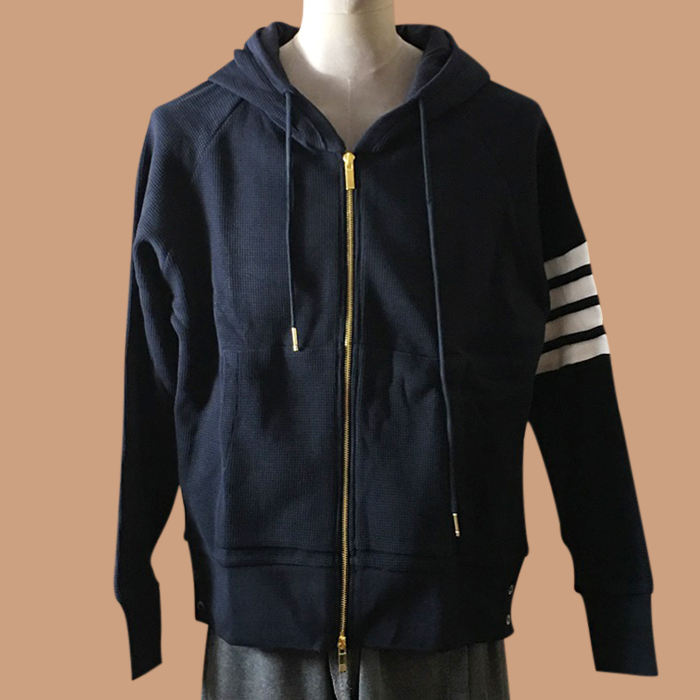 トムブラウン メンズ Vネック ネイビー ジップアップフーディーTシャツ - Mens