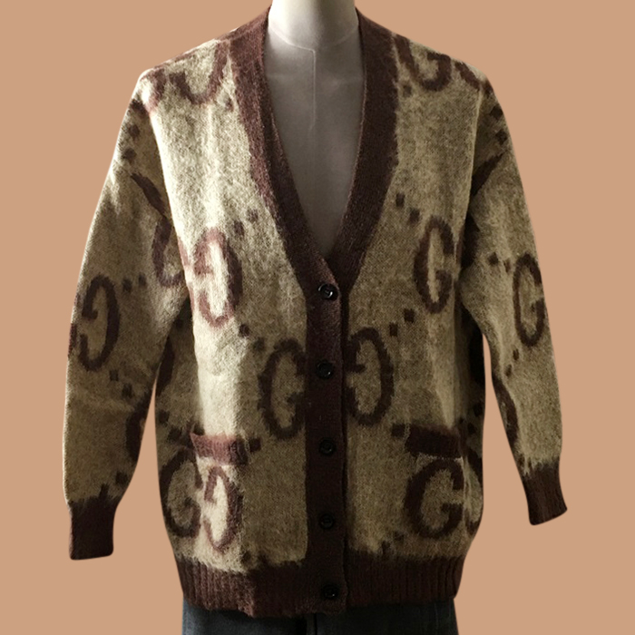 グッチ ユニセックス Vネック ブラウン リバーシブル カーディガン -Brown  - guc05179x