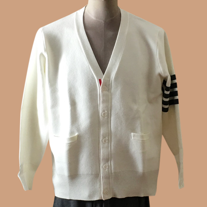 トムブラウン メンズ Vネック ホワイト カーディガン - White  - thom0609x