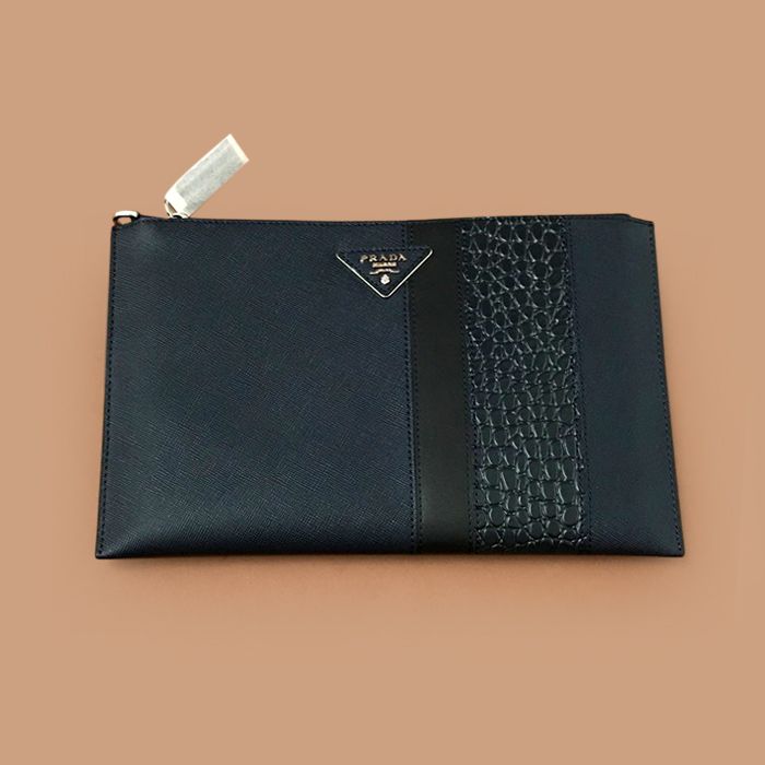 28cm - プラダ メンズレザークラッチバッグ,28cm,PRAB0211,ネイビー