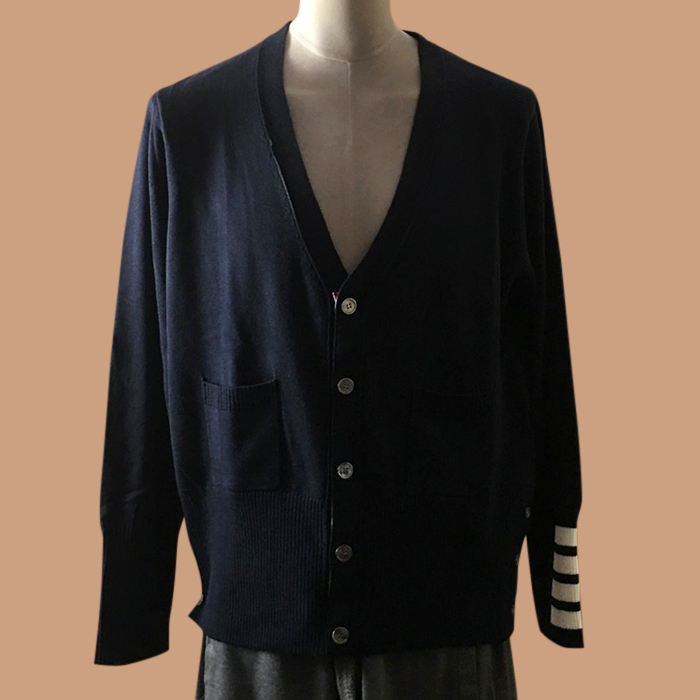 トムブラウン ユニセックス Vネック ネイビー カーディガン -  - thom0654x