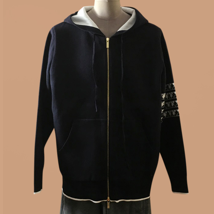 トムブラウン メンズ ネイビー ジップアップ フーディーTシャツ - ThomBrowne  - tom0643x