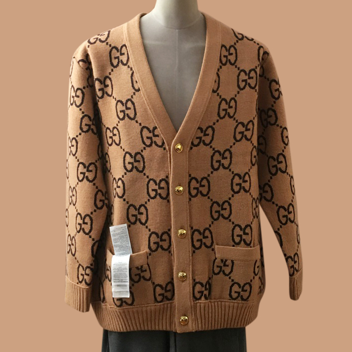 グッチ ユニセックス Vネック キャメル リバーシブル カーディガン -Camel  - gu122x