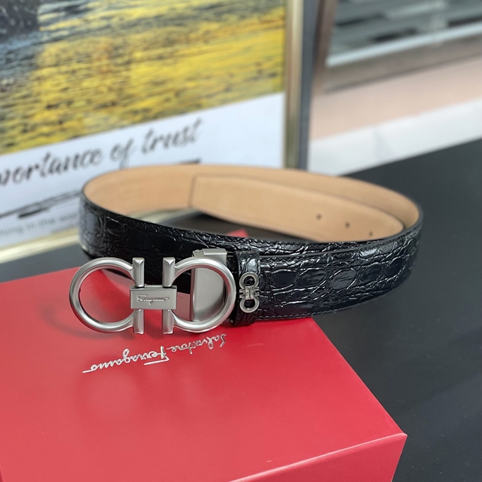 サルヴァトーレ フェラガモ メンズ ガンチオ バックルレザーベルト Fer0234x.Size(3.4cm).ブラックシルバー