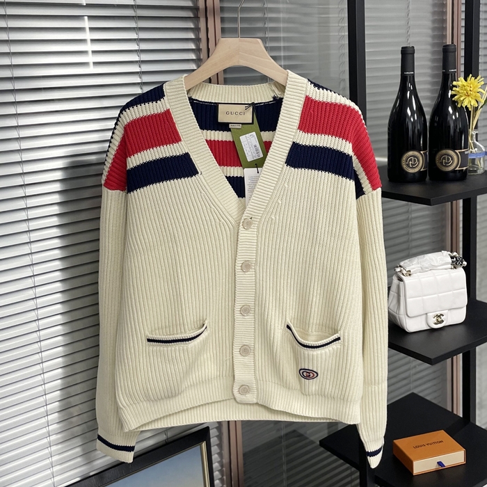 グッチ メンズ Vネック アイボリー カーディガン - Ivory  - guc05122x
