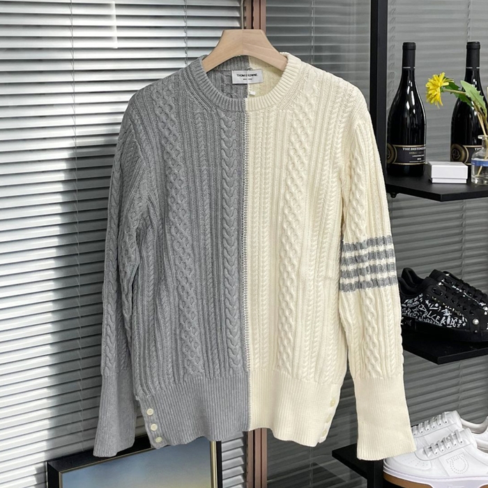 トムブラウン メンズ グレー クルーネック ニット - ThomBrowne Gray Knits - th02x