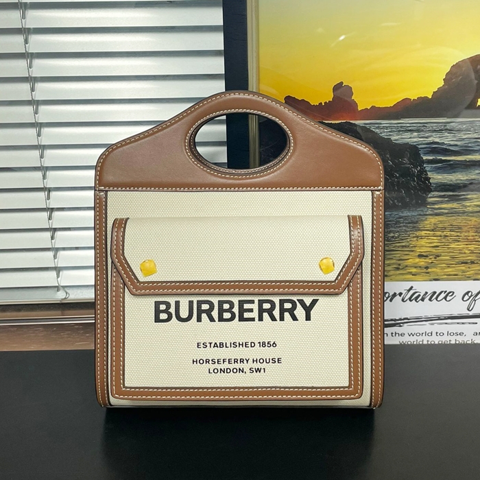 Custom Two-tone Canvas  Pocket 23cm - バーバリー  ミニ ツートン キャンバスレザーポケット トートバッグ BURB0504, 23cm, ブラウン