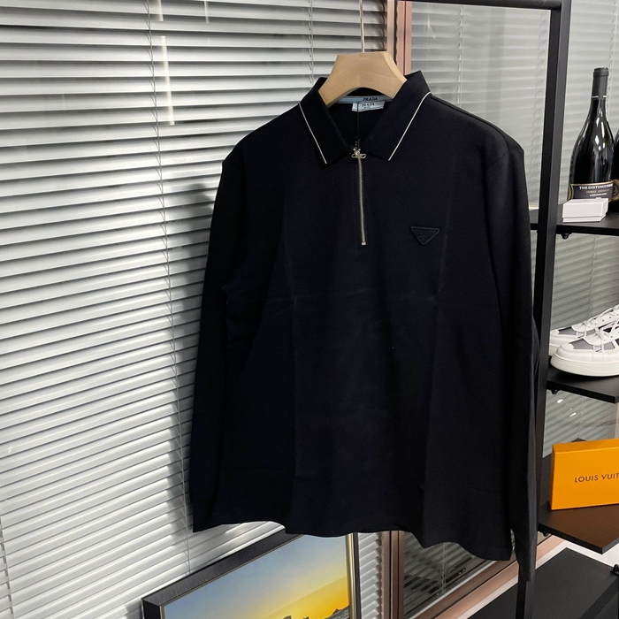 プラダ メンズ ブラック ポロ 長袖Tシャツ -  - pr757x