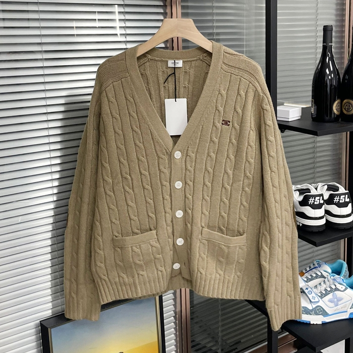 セリーヌ ユニセックス カーキ Vネック カーディガン - CelineKhaki  - ce218x