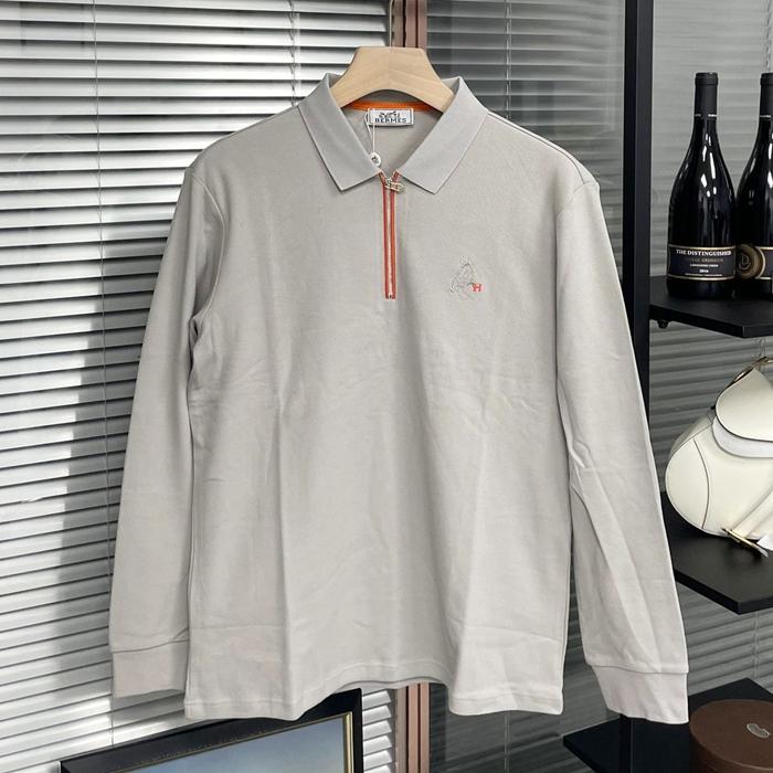 エルメス メンズ グレー ポロ 長袖Tシャツ -  Gray  - he350x