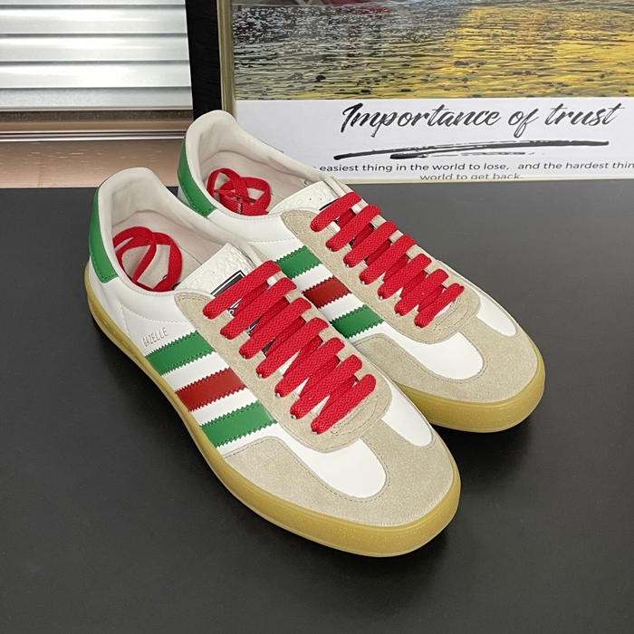グッチ X アディダス ユニセックス ガゼル ホワイト/グリーン/レッド ロー タップ スニーカー  -White  - gu1006x