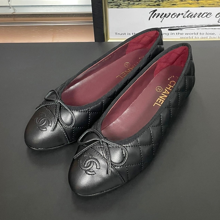  CC Ribbon Embossing Ballet Shoes - シャネルレディース クラシック CC LOGO リボン エンボス加工 バレット フラットシューズ Cnl0298x.ブラック