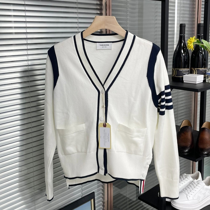 トムブラウン メンズ Vネック ホワイト カーディガン - White  - th134x