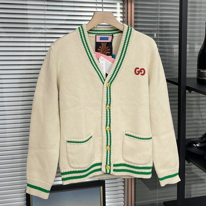 グッチ メンズ アイボリー Vネック カーディガン -Ivory  - gu1099x