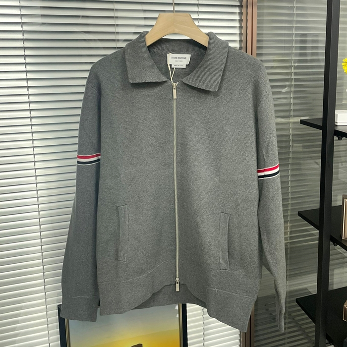 トムブラウン メンズ グレー ジップアップ ニット - ThomBrowne Gray Knits - th20x