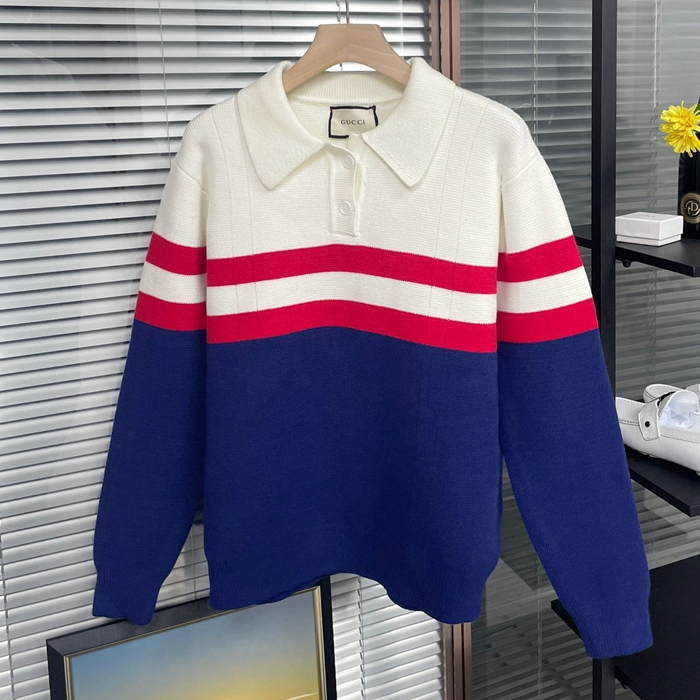 グッチ メンズ ネイビー ポロ ニット -Knit - cl78x