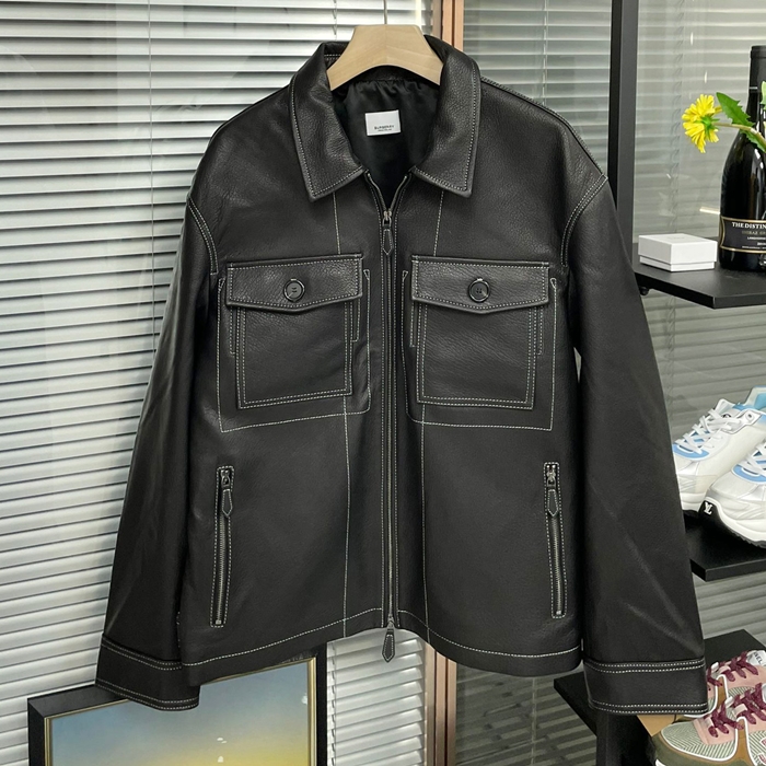 バーバリー メンズ ブラック レザージャケット - - bu07x