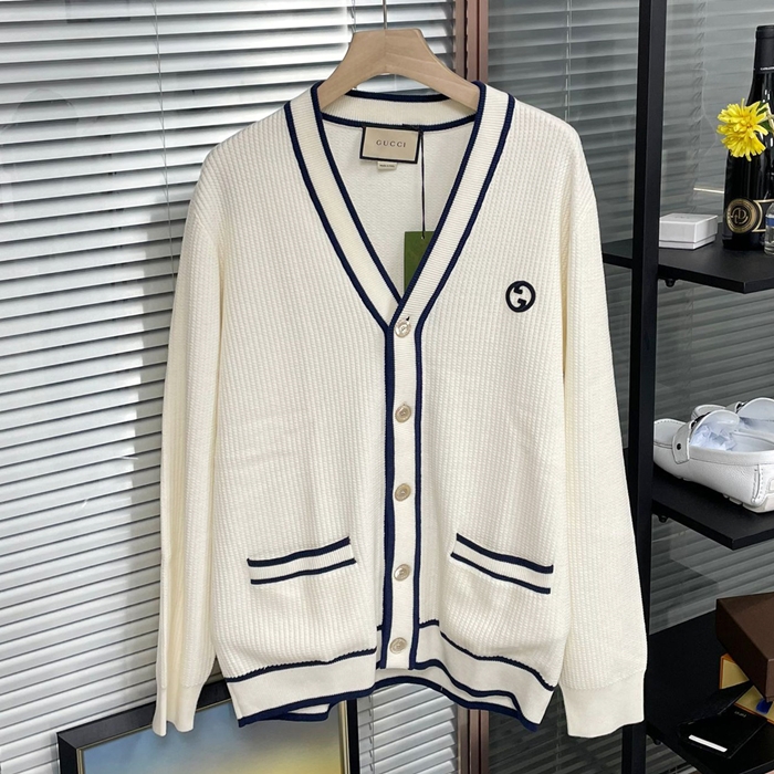 グッチ メンズ アイボリー Vネック カーディガン -Ivory  - guc39x