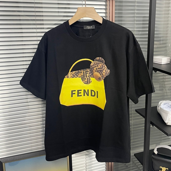 フェンディ メンズ ブラック クルーネック 半袖Tシャツ - Short sleeved  - fe164x