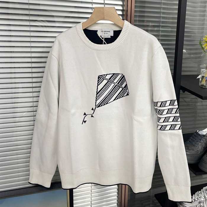 トムブラウン メンズ ホワイト クルーネック ニット - White Knits - th13x