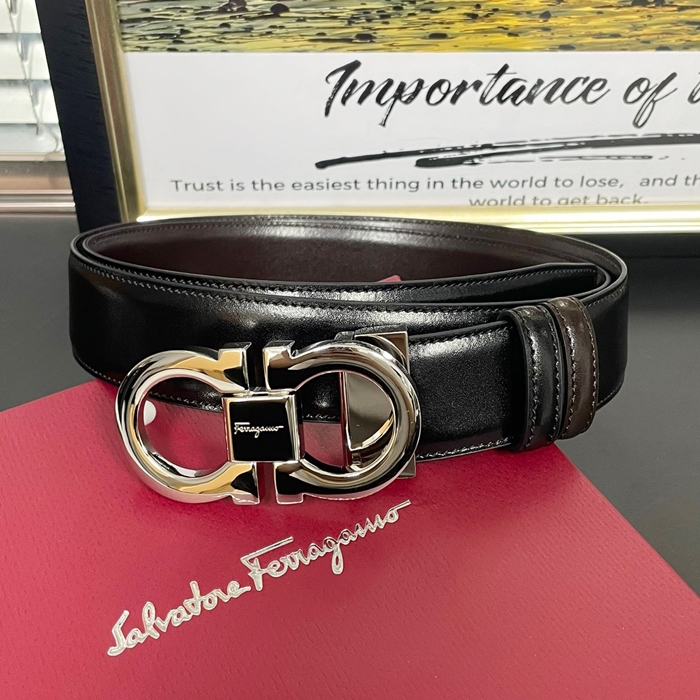 フェラガモ メンズ 업グレー드 クラシックレザーベルト Fer0087x.Size(3.5CM)ブラックシルバー