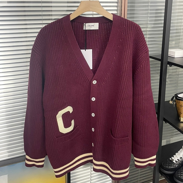 セリーヌ ユニセックス バーガンディ Vネック カーディガン - CelineBurgundy  - cec174x