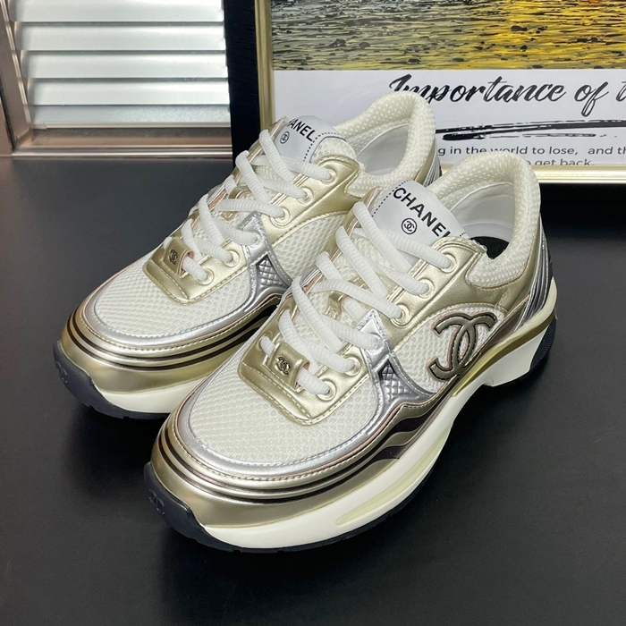 シャネルレディース CC LOGO  ホワイト ゴールド テニス スニーカー  -  Gold  - ch532x