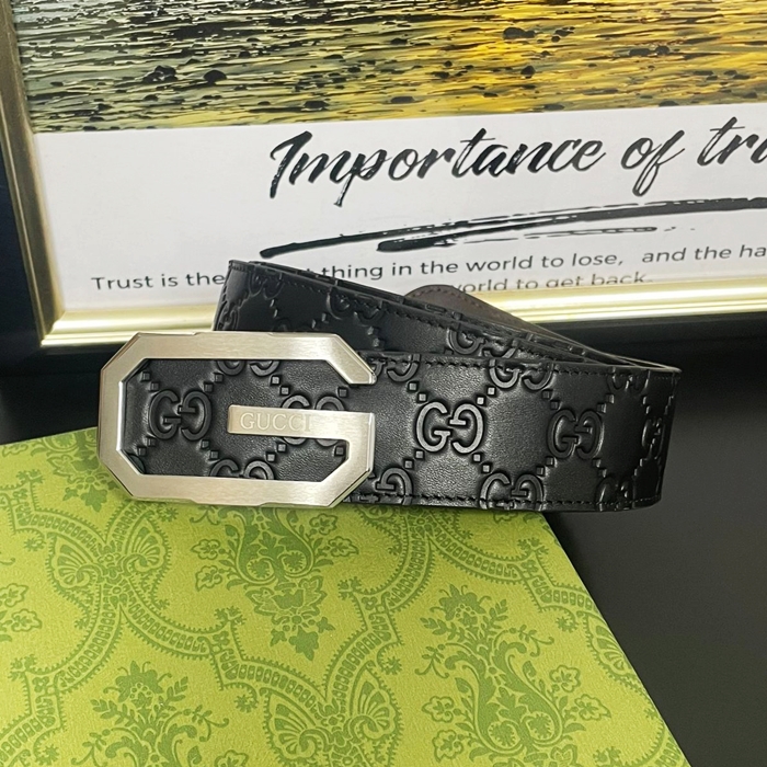 2019 G Buckle   - グッチ  メンズ Gバックル ビジネスレザーベルト Guc0798x.Size(4.0cm).ブラックシルバー